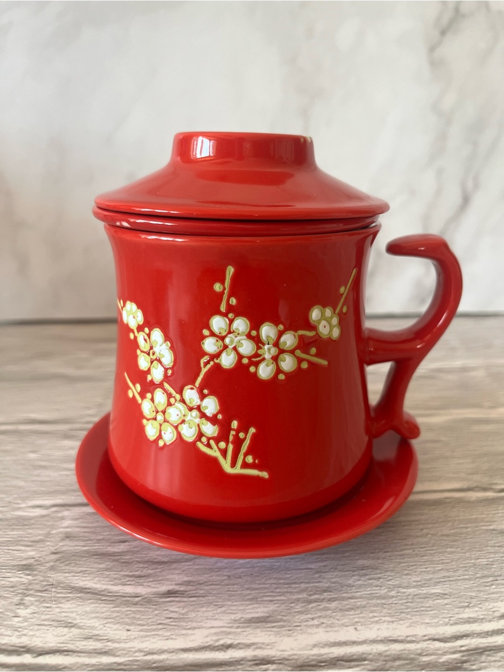 Ceramic Traditional Chinese Tea Cup with Infuser Lid Flowers Mug Cup 4 Pc Set